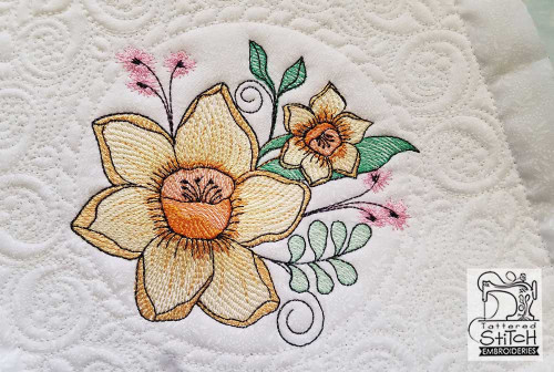 Daffodil Cluster Quilt Block-Fits a 5x5", 6x6", 7x7", 8x8" & 10x10" Hoop - Machine Embroidery Designs - Tattered Stitch Embroideries