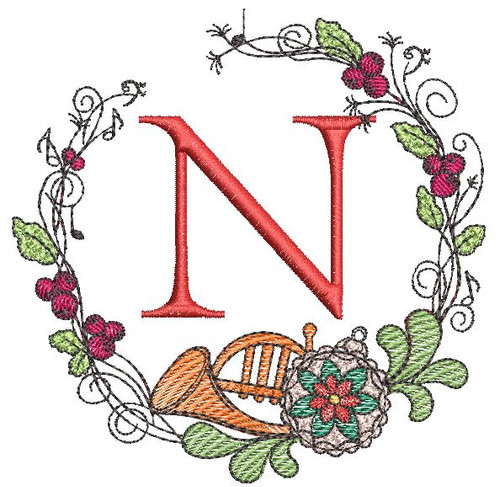 French Horn Wreath N Font - Embroidery Designs