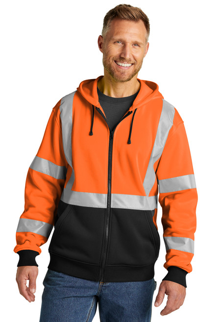 CornerStone® ANSI 107 Class 3 Heavy-Duty Fleece Full-Zip Hoodie in high-visibility colors for safety and comfort.