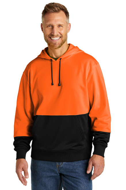 CornerStone® Enhanced Visibility Fleece Pullover Hoodie – high-visibility moisture-wicking work hoodie with black bottom, three-panel hood, and front pouch pocket.