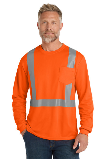 CornerStone® ANSI 107 Class 2 Mesh Long Sleeve Tee – high-visibility, moisture-wicking safety shirt with reflective tape and chest pocket.