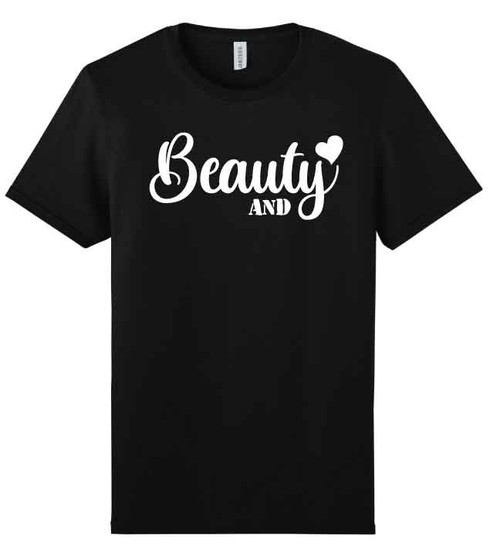 Black Bella + Canvas 3001 T-shirt with “Beauty and” in white script and a heart—part of a fun couples matching set with “The Beard” tee.