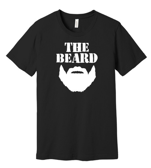 Black Bella + Canvas 3001 T-shirt with bold white “The Beard” text and beard graphic—part of a fun matching couples shirt set with “Beauty and” tee.