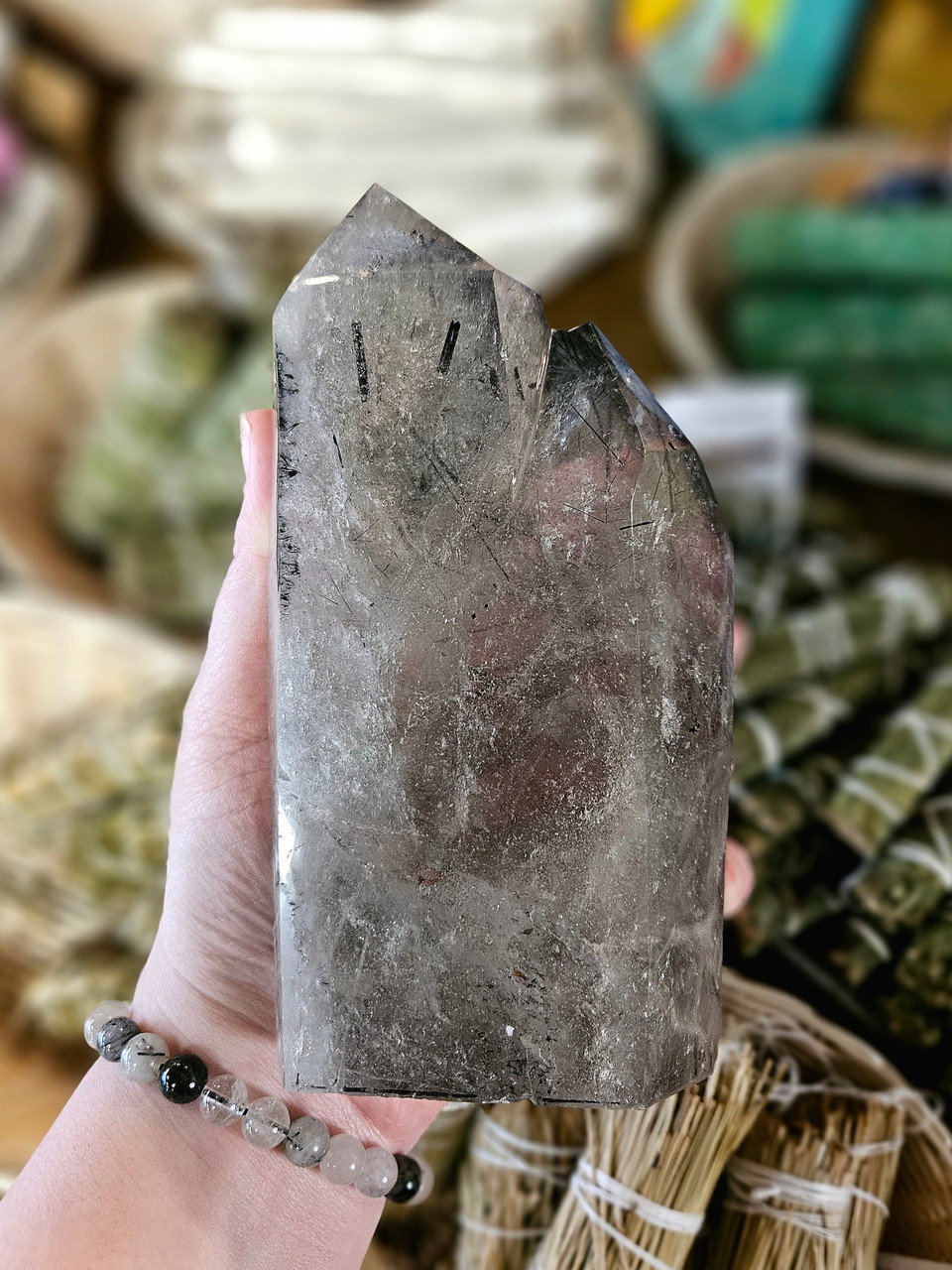 Tourmalinated Quartz Double Point With Stand