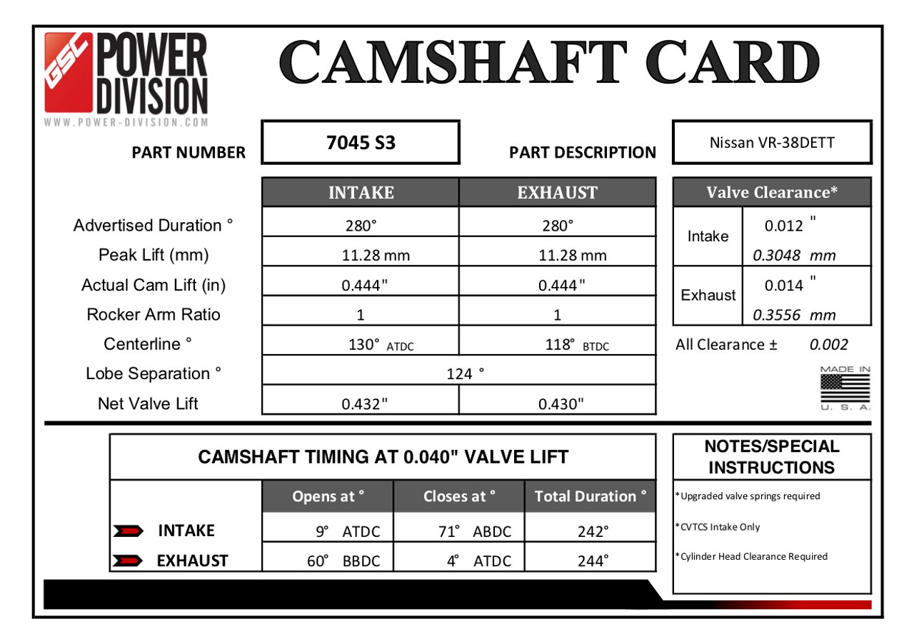 GSC Power Division Billet S3 Camshafts For Nissan GT-R - GSC7045S3
