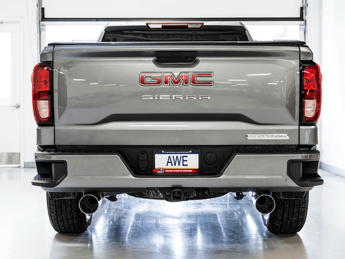 AWE 0FG Split Rear Exit Catback (Chrome Tips) For 2019+ GM 1500 5.3L - 3015-32205