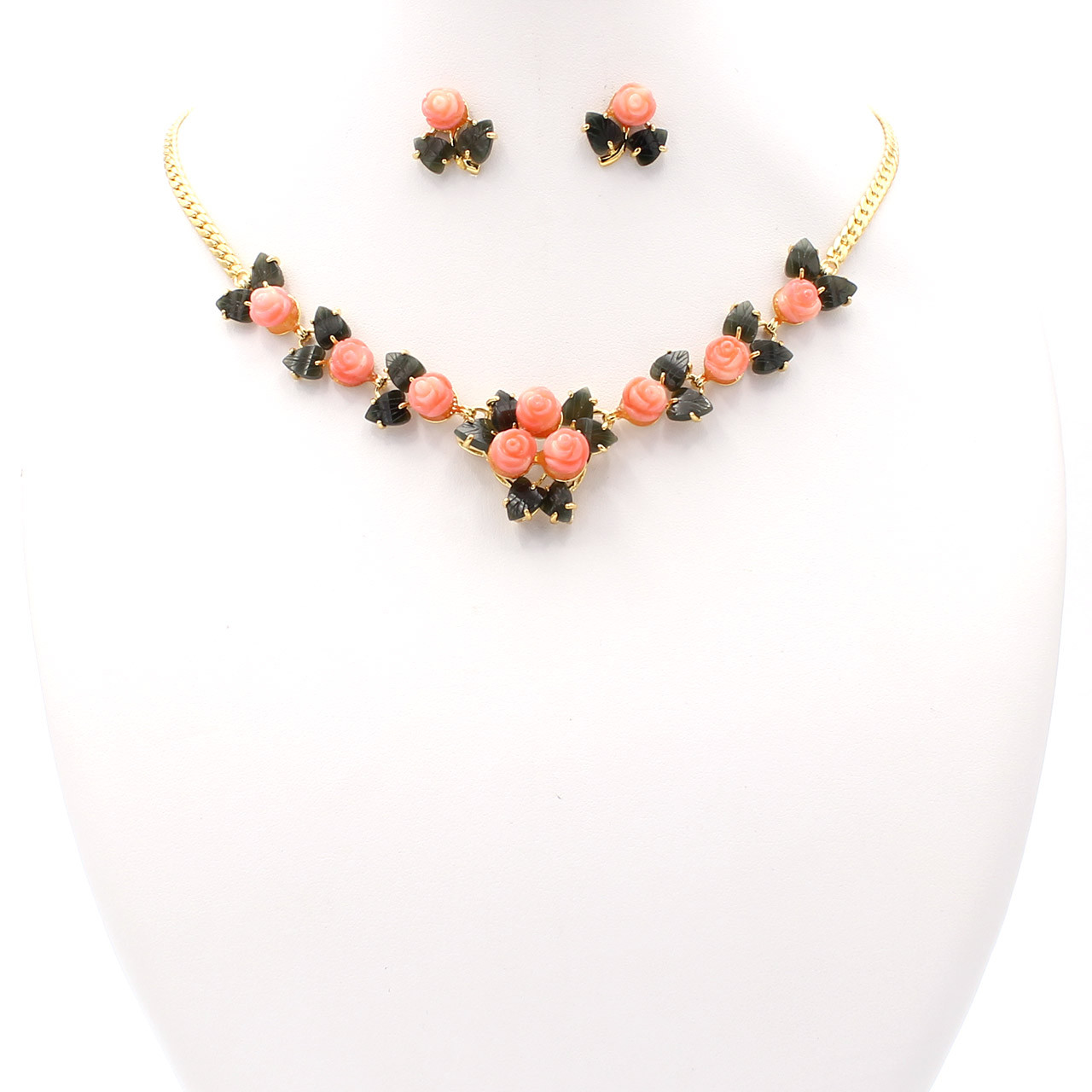 Pink Rose Taiwan Coral & Gold Jewelry Set