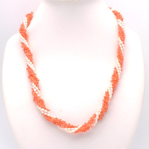 Natural pink coral branches and freshwater pearl necklace