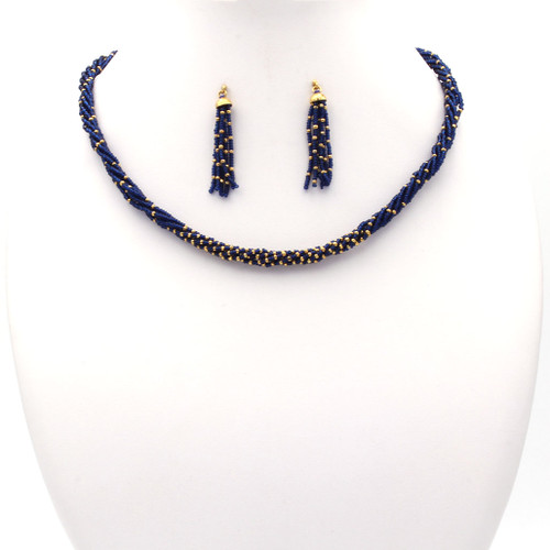 Blue Czech and 22k gold beads necklace and earrings set with tassel