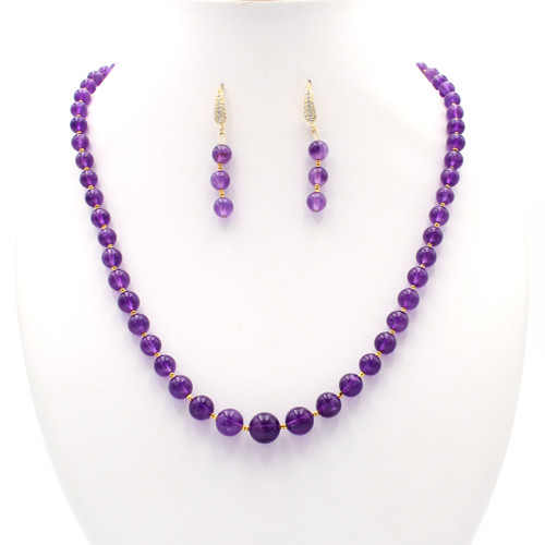 Natural amethyst bead necklace and earrings with 22k gold beads