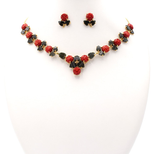 Italian Red Coral Bead Necklace with 14K Gold Pave Diamond Donut 