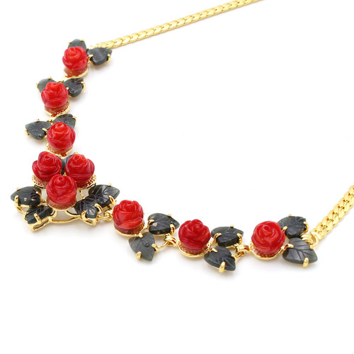 Bright red dyed coral roses and natural jade leaf necklace, real gold plated