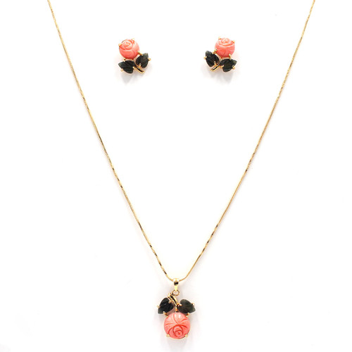 Pink coral flower gold necklace earrings set