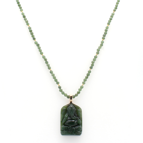 green jade Ganesh pendant with gold beads