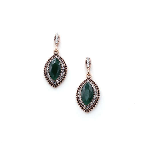 Faceted marquis-cut dyed green jades framed with sparkly cubic zirconia and decorative copper scallops