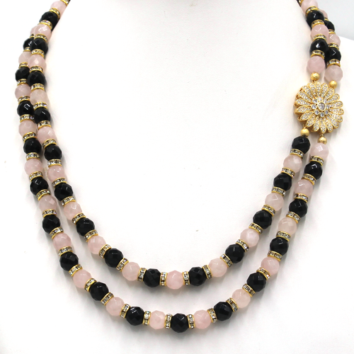 Rose Quartz and Black Onyx Side Pendant Necklace