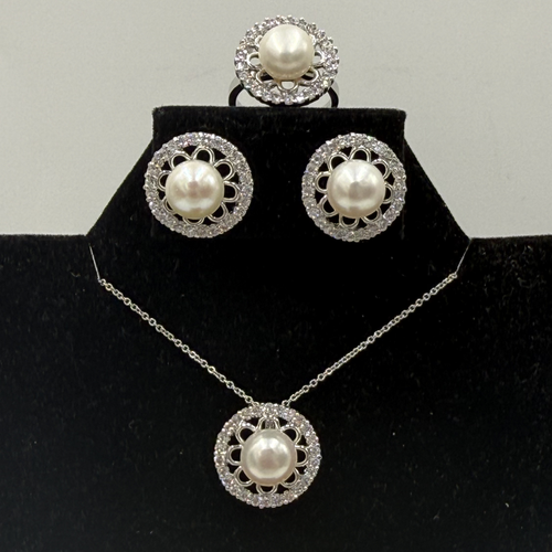 White Freshwater Pearl Necklace, Ring & Earring Set