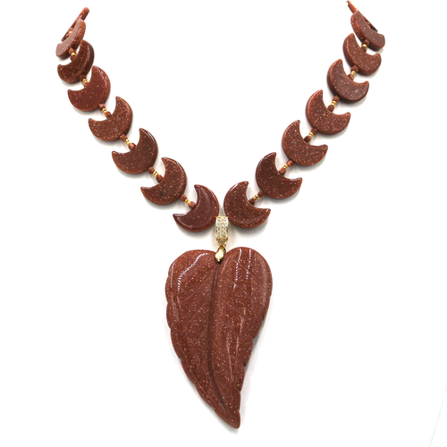 Goldstone Leaf and Moon Pendant Necklace