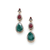 Dangly faceted red and green dyed jade drops in a frame of decorative cubic zirconia
