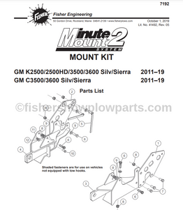 7192 FISHER SNOWPLOWS - MOUNT KIT MM 2011-  2019 GM K2500/3500  GMC SIERRA - CHEVROLET SILVERADO INCLUDES MOUNTING HARDWARE

INCLUDES 21590 X 4, 41473, 41474, 41477, 41478, 41489