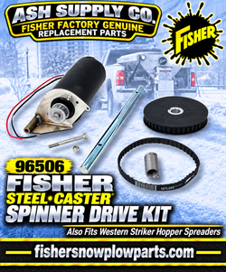 The 96506 Fisher Steelcaster - Western Striker Spreader Spinner Chute Drive Service Kit is an essential component for maintaining the efficiency and performance of your spreading equipment. Designed specifically for Fisher Steelcaster and Western Striker spreaders, this genuine replacement part ensures that you can continue to rely on your spreader for reliable operation, whether on a job site or during winter weather conditions.

This comprehensive service kit includes high-quality components that are engineered to fit seamlessly with your spreader. The kit features the M1355 belt, 99228 spinner shaft, and a 76795 motor pulley, all crafted for durability and longevity. Additionally, the 80028 spinner tensioner weldment ensures optimal performance, while the 93100 motor (12VDC 1/3 HP, low profile, 1/2” shaft) powers your spreader with consistent efficiency.