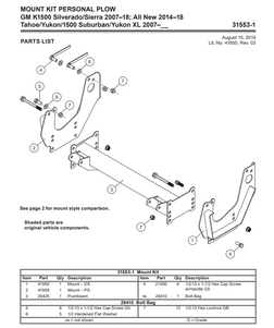 31553-1 - FISHER SNOWPLOWS GENUINE REPLACEMENT PARTS - HS & HOMESTEADER VEHICLE MOUNT - WESTERN DEFENDER & SUBURBANITE - GM K1500 Silverado/Sierra 2007–18; All New 2014–18 Tahoe/Yukon/1500 Suburban/Yukon XL 2007–_