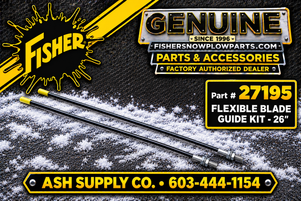 The 27195 Fisher Snow Plows Flexible Blade Guide Kit is your go-to accessory for optimal snow removal performance. Designed for tough winter conditions, this kit includes two 26-inch flexible blade guides that enhance your snow plow's efficiency.

Constructed from high-quality materials, these guides adjust to different surfaces, ensuring a clean snow plowing experience. Easy to install, they come with all necessary components for a perfect fit with Fisher Snow Plows.

Durable and flexible design
Ideal for various terrains
Quick and easy installation
Compatible with Fisher Snow Plows
Improves guidance and visibility

Upgrade your snow plow set-up and tackle winter weather confidently with the 27195 Flexible Blade Guide Kit.