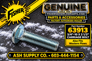 Maximize your snow plow's efficiency with the 63913 - FISHER - WESTERN SNOWPLOWS GENUINE REPLACEMENT PART. This durable carriage bolt is designed specifically for Extreme V and XV2 push assemblies, ensuring your push frame remains securely attached to the T frame.

Engineered from high-quality materials, this 3/4-10 x 2 1/2 carriage bolt provides exceptional strength and corrosion resistance, maintaining its integrity in severe weather conditions.

Genuine Fisher and Western product for optimal compatibility
Robust construction for maximum durability
Precise dimensions for quick and hassle-free installation
Corrosion-resistant coating to enhance lifespan

Don’t compromise on safety and performance; equip your snow plow with the reliable 63913 carriage bolt today!