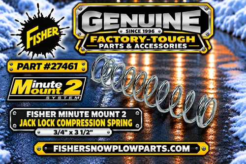 The 27461 - Fisher Minute Mount 2 Snowplows Genuine Replacement Part offers unmatched reliability for your snowplow system. Designed for the Fisher snowplow series, this high-quality compression spring guarantees optimal function of your plow’s jack lock mechanism.

Engineered for durability, the 27461 spring withstands harsh winter conditions while ensuring seamless compatibility with parts like the 27478 jack lock and the 90658 cotter pin. Its dimensions make it the perfect fit for Minute Mount 2 frameworks.

Durable construction for harsh winter weather
Compatible with Fisher snowplow series
Dimensions: 3/4" x 3 1/2" for a snug fit