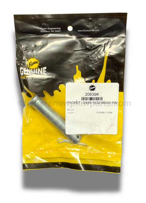 The 20639K - Fisher Snowplows Genuine Replacement Part is an essential component for anyone serious about maintaining efficiency and safety in snow removal operations. Crafted specifically for Fisher snowplows, this 3/4 x 3-15/32 machine pin with cotter pin ensures a secure and reliable connection between your plow's base angle and A-frame assembly. Designed to meet original equipment specifications, it seamlessly fits a range of models, including the Homesteader™ plow and the Western Suburbanite 20639W, making it a versatile addition to your snow plowing toolkit.

Constructed from high-quality materials, the 20639K machine pin is engineered to provide the durability required for harsh winter conditions. Its robust design allows it to withstand the stresses of heavy-duty snow removal, delivering dependable performance throughout the snow season. The included cotter pin adds an extra layer of security, ensuring that the machine pin remains firmly in place, reducing the risk of component failure during operations.