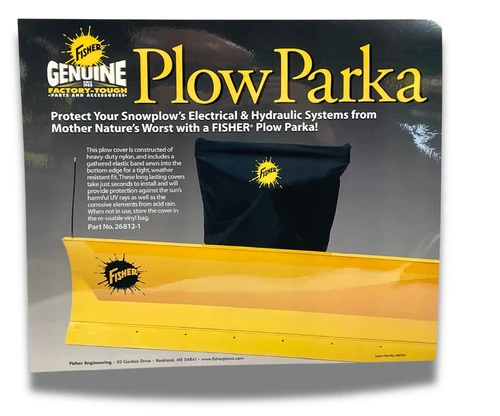 26812-1 - FISHER® Snowplow Parka Cover (Model 26812-1) is the ultimate accessory for snowplow operators seeking to extend the lifespan of their equipment. Crafted from heavy-duty nylon, this cover is designed to safeguard your snowplow's vulnerable electrical and hydraulic systems from the harshest winter elements. With winter weather posing challenges from heavy snow to freezing temperatures, having a reliable protective solution is essential.

The thoughtful design features a gathered elastic band sewn into the bottom edge, ensuring a snug, weather-resistant fit that prevents moisture, ice, and debris from compromising your snowplow's integrity. This tight fit guarantees that your equipment remains protected, regardless of the weather conditions. Installation is a breeze, taking just seconds to secure the cover onto your snowplow, making it an effortless addition to your winter maintenance routine.

The durability of the FISHER® snowplow parka cover means it is built to withstand frequent exposure to outdoor conditions, providing long-lasting protection year after year. Whether for professional use or dedicated homeowner maintenance, this cover is engineered for performance, ensuring your snowplow is always ready to tackle the next snowstorm.

Investing in the 26812-1 Snowplow Parka Cover means investing in peace of mind. Keep your snowplow in peak condition and avoid costly repairs down the line, all while enjoying the ease and convenience of quick deployment and removal. Trust the FISHER® brand to deliver quality accessories that enhance your snow removal experience. Don't let the elements wear down your valuable equipment—choose the FISHER® Snowplow Parka Cover for unmatched protection this winter season.