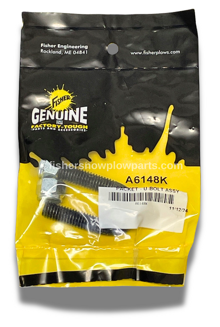 The A6148K U-Bolt Assembly with Lock Nuts is an essential genuine replacement part designed specifically for Fisher snowplows, ensuring optimal performance and reliability during winter operations. This meticulously engineered U-Bolt Assembly is critical in securing the lift chain to all Minute Mount and Minute Mount 2 Fisher plows, offering the durability and strength needed for heavy-duty snow removal tasks.