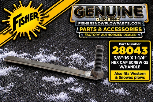 Boost your snow plowing performance with the Fisher - Western - SnowEx 28043 Factory Genuine Replacement Part. This robust screw, engineered for high tensile strength, ensures a reliable grip for easy installation and exceptional durability.

Designed for perfect compatibility with Fisher, Western, and SnowEx equipment, this screw integrates seamlessly with the 7185 bolt bag, making it an essential addition to your snowy season toolkit.

3/8-16x1-1/4 hex cap screw
Grade 5 tensile strength
7-inch straight handle for easy use
Durable construction for harsh winter conditions

Equip your snow plow with the Fisher-Western-SnowEx 28043 replacement part for reliability and performance this winter.