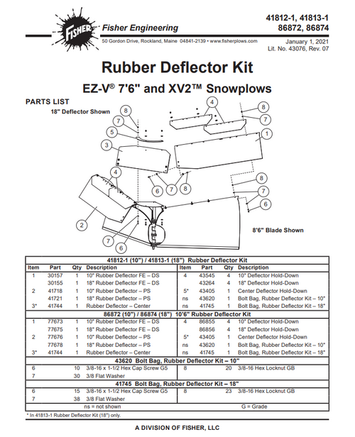 86872 - FISHER SNOW PLOWS GENUINE ACCESSORY - XV2 10 1/2' - 10" RUBBER DEFLECTOR KIT PARTS LIST 86872 - FISHER SNOW PLOWS GENUINE ACCESSORY - XV2 10 1/2' - 10" RUBBER DEFLECTOR KIT PARTS LIST