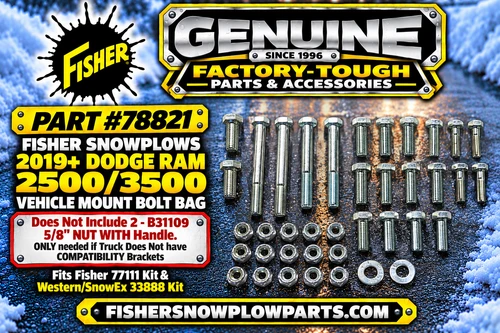 The 78821 - Fisher Western SnowEx snow plows bolt bag is the perfect companion for your Dodge Ram 2500/3500 from 2019 onwards. Designed to meet the rigorous demands of your plow system, it keeps your winter gear ready for action.

Engineered for durability, this genuine replacement part contains all essential bolts and hardware needed for swift maintenance. Whether for professional use or DIY jobs, it’s your go-to solution for reliable snow removal.

Compatible with Fisher 77111, Western, and SnowEx 33888 vehicle mounts.
Includes all necessary replacement bolts for easy installation.
Designed for 2019 - Current Dodge Ram 2500/3500 models.
Ensures optimal performance in winter conditions.
DOES NOT INCLUDE NUT WITH HANDLE B31109

Keep your snow plow in top shape and conquer winter storms effortlessly with this essential bolt bag.