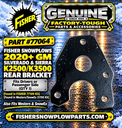 The 77064 Fisher - Western - SnowEx Snowplows Genuine Replacement Part ensures optimal performance in harsh winter conditions.

Specifically designed for Fisher 77109 and Western 31700 mounts, this rear plate fits GM K2500 and K3500 Silverado/Sierra models from 2020 onwards. Its versatile design accommodates both left and right installations, facilitating a seamless replacement process.

Perfect fit for Fisher 77109 & Western 31700 mounts
Compatible with GM K2500/K3500 Silverado/Sierra 2020+
Durable construction for reliable performance
Easy installation with clear instructions provided
Made in Rockland, Maine USA

Keep your snowplow efficient this winter with the robust 77064 rear plate replacement.