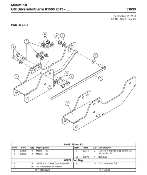 83874 - BOLT BAG - WESTERN & SNOWEX VEHICLE MOUNT KIT 31699