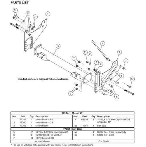 The 31554-1 Fisher Homesteader and HS - Western Defender & Suburbanite SnowEx LT6800 & LT7200 Genuine Compact Plow Vehicle Mount Kit is designed specifically for GM K1500 Silverado/Sierra models manufactured from 2019 onward, as well as Tahoe and Yukon models from 2021 onwards. This high-quality mount kit provides exceptional versatility and robust performance, making it the ideal choice for tackling snow removal with ease.