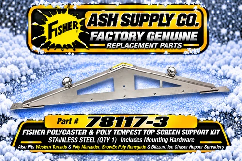 Maximize the efficiency of your POLYCASTER, TEMPEST POLY, WESTERN TORNADO, MAURAUDER POLY, and SNOWEX RNEGEADE POLY SPREADERS with the 78117-3 Top Screen Support Kit. This essential replacement component is designed to provide superior durability and enhanced performance for your poly spreaders, ensuring that they operate at their best during heavy-duty tasks.

Comprising one robust bracket, the kit includes all necessary hardware for simple and straightforward installation. Constructed from high-quality materials, this top screen support kit boasts exceptional strength and resilience, capable of withstanding the rigors of tough weather conditions and prolonged use.

Proper support for your spreader's top screen ensures optimal material flow and prevents clogs. By using this genuine replacement part, you’ll maintain the integrity and functionality of your equipment, ultimately leading to more efficient operations and less downtime during your projects. Whether you’re tackling ice management, applying fertilizers, or distributing salt, the 78117-3 Top Screen Support Kit is an invaluable addition to your maintenance toolkit.

Designed to fit seamlessly with select models, including the POLYCASTER and TEMPEST P150 and P220, as well as the WESTERN TORNADO and MAURAUDER P150 and P220, and the SNOWEX RENEGADE P150 and P220, this kit is versatile and widely compatible.

Investing in reliable components is vital for keeping your equipment running smoothly. The 78117-3 Top Screen Support Kit not only enhances your spreader’s performance but also extends the lifespan of your machinery—ensuring you can tackle winter conditions or landscaping projects with confidence. Upgrade your spreader today to experience the difference!