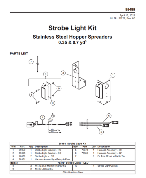 85485 - FISHER TEMPEST SPREADER GENUINE ACCESSORY -  3 FOOT .35 & 5 FOOT  .7 YARD STROBE LIGHT KIT