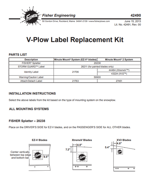 42490 - FISHER SNOWPLOWS GENUINE REPLACEMENT PART - V-Plow Label Replacement Kit