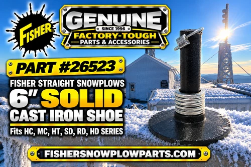 The 26523 Fisher Factory Genuine Replacement Part is engineered specifically for Fisher snowplows, ensuring reliable performance in even the toughest winter conditions. This Straight Plow Shoe Assembly is designed with precision to fit seamlessly into your existing snowplow setup, providing enhanced durability and stability. Crafted from high-quality, solid cast materials, the 6" shoe assembly is built to withstand the harshest elements and abrasive surfaces, maintaining its integrity season after season.

The package includes one plow shoe, a spacer (307-1 x 5), and a shoe pin (308K), offering everything needed for a straightforward installation. With these components, users can expect consistent plowing performance, helping to clear snow efficiently and effectively. Whether you are a professional landscaper or a homeowner managing a snowy driveway, this replacement part guarantees better ground contact and improves the overall functionality of your snowplow.
