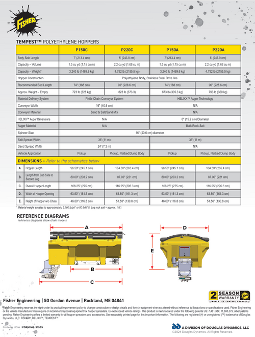 97520 - FISHER TEMPEST POLY DUAL MOTOR ELECTRIC HOPPER SPREADER - P220C 8' - 2.2 YARD CAPACITY
