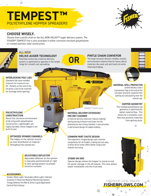 97520 - FISHER TEMPEST POLY DUAL MOTOR ELECTRIC HOPPER SPREADER - P220C 8' - 2.2 YARD CAPACITY