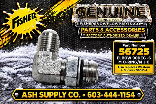The 56725 Elbow is a crucial replacement part for your snow plow system, enhancing its overall efficiency during the harsh winter months.

This genuine Fisher, Western, and SnowEx component boasts a 90-degree elbow design with 6 M O-ring and M JIC specifications, ensuring seamless compatibility and reduced friction in hydraulic systems.

Genuine Fisher product ensures reliability
90-degree elbow shape for optimal hydraulic routing
Compatible with numerous snow plow models
Constructed for durability and long-lasting performance
Minimizes friction, enhancing hydraulic responsiveness

Upgrade your snow plow's performance with the 56725 Elbow and conquer winter with confidence.