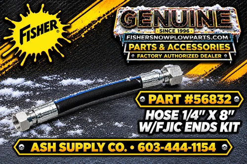 Maximize your snow plow's performance with the 56832 Fisher Snow Plows Factory Genuine Replacement Part, a top choice for Fleet Flex HD, X Blade, HD2 & HDX series.

This high-quality lift ram hose, measuring 1/4" x 8", is specifically designed to endure rigorous snow plowing tasks while ensuring optimal hydraulic flow and reliability.

Durable construction for harsh winter conditions
Leak-free flare fitting with JIC ends for easy installation
Precision fit enhances snow plow efficiency and extends lifespan
Compatible with HD, X Blade, HD2 & HDX models

Invest in the 56832 lift ram hose and keep your snow plowing tasks running smoothly, no matter how much snow falls!