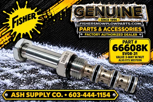 The 66608K-1 is a high-quality factory genuine replacement part designed specifically for Fisher and Western snowplows. This SV08-31 Cartridge 31, complete with a jam nut, ensures optimal performance and reliability for your snow-clearing needs. Engineered for Fisher Insta-Act Straight Plows. S2 middle cartridge (featuring the distinctive green wire) and both Western Ultramount and Ultramount 2 ProPlus, this cartridge is the perfect solution for maintaining your equipment's efficiency during the harsh winter months. Cartridge could be stamped with SV08-31 or DASV08-31

FISHER BRANDED PACKAGING

Durability is at the core of the 66608K-1 design, constructed with premium materials that withstand extreme conditions. Whether you're tackling heavy snowfall or maintaining your plow for seasonal readiness, this replacement part is essential for achieving the best results possible. The cartridge has been meticulously packaged in a Fisher-branded bag, ensuring authenticity and quality for users.

This replacement part not only enhances the overall functionality of your snowplow but also ensures peace of mind during winter operations. With the 66608K-1 cartridge, you can trust that your equipment will remain reliable and effective, ready to tackle any winter challenge that comes your way. Equip your plow with the best and experience unmatched performance this snow season. Don't compromise on quality; invest in the 66608K-1 genuine replacement part for your snowplow today.