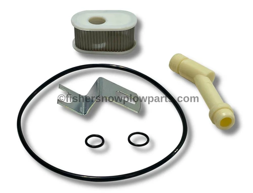 The 66763-1 Fisher-Western-SnowEx 84955 Inlet Fitting & Filter Kit is an essential factory genuine replacement component designed specifically for a variety of snowplow models, ensuring reliable performance in harsh winter conditions. Compatible with Fisher's LD, SD, HD, HD2, MC, HC,  8½' and 9½' LEGACY EZ V, as well as Western Pro Plus, Legacy MVP, Midweight, Pro-Plow, Plus HD, HTS, Suburbanite, and Defender models, this kit enhances the longevity and efficiency of your snow removal equipment.