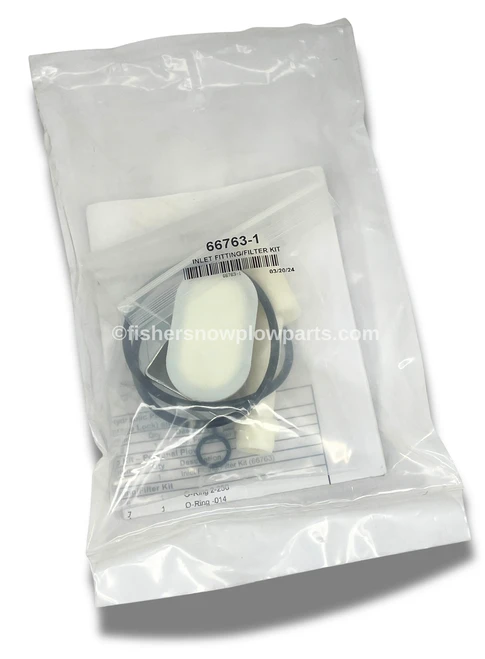 The 66763-1 Fisher-Western-SnowEx 84955 Inlet Fitting & Filter Kit is an essential factory genuine replacement component designed specifically for a variety of snowplow models, ensuring reliable performance in harsh winter conditions. Compatible with Fisher's LD, SD, HD, HD2, MC, HC,  8½' and 9½' LEGACY EZ V, as well as Western Pro Plus, Legacy MVP, Midweight, Pro-Plow, Plus HD, HTS, Suburbanite, and Defender models, this kit enhances the longevity and efficiency of your snow removal equipment.

This genuine replacement part includes everything you need to maintain optimal functionality. The kit features the 26781-4 filter, which is crucial for preventing debris from entering the hydraulic system, and a high-quality 66519 reservoir O-ring to ensure a leak-free seal. Both components are vital for maintaining the overall health of your snowplow, allowing for smooth operation throughout the demanding winter months.

Built with durability in mind, the inlet fitting and filter kit is designed to withstand the rigors of frequent use. By investing in this top-tier replacement kit, you can rest assured that your snowplow will operate at peak performance, effectively clearing snow and ice with ease.