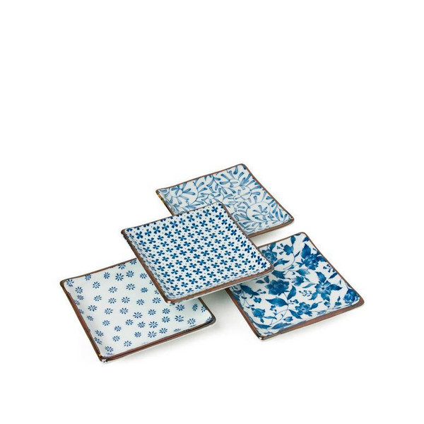 Blue & White 5" Square Plates, Set of 4